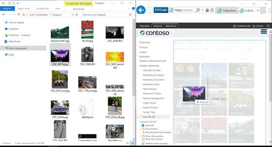 Captura de tela do SharePoint e do Windows Explorer lado a lado, usando a tecla Windows e as teclas de direção.