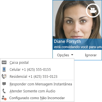 Captura de tela do alerta de chamada de vídeo com imagem de contato no canto superior
