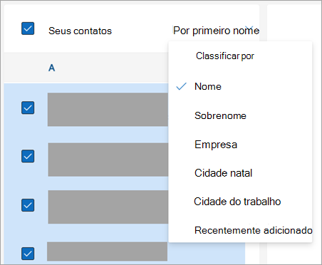 Captura de tela das opções para classificar contatos