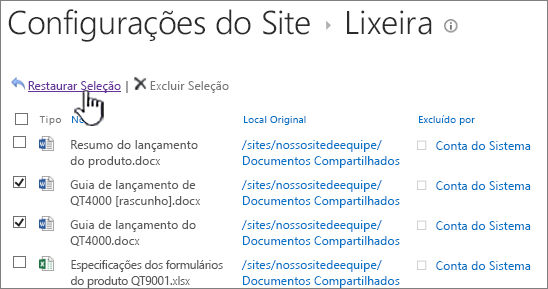 Lixeira de segundo estágio do SharePoint 2013 com o botão Restaurar realçado