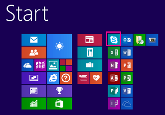 Tela inicial do Windows 8.1 com o ícone do Skype for Business em destaque