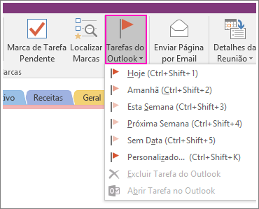 Captura de tela do botão Tarefas do Outlook no OneNote 2016.