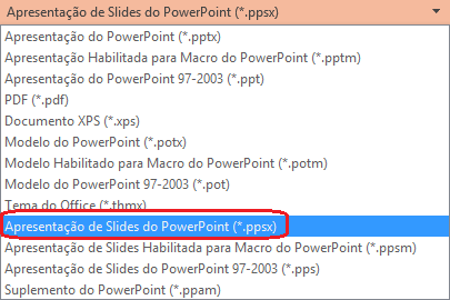 A lista de tipos de arquivo PowerPoint inclui "PowerPoint Show (.ppsx)".