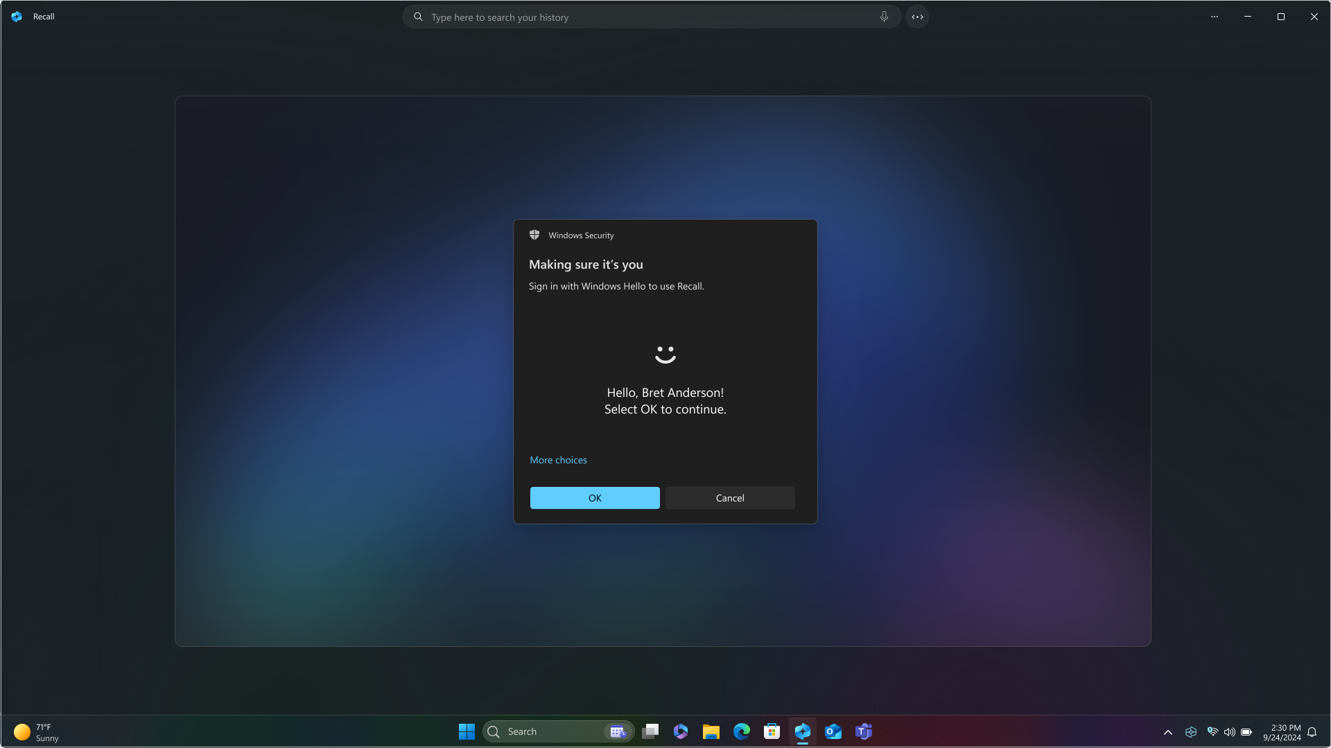 Captura de ecrã a mostrar Windows Hello a pedir ao utilizador para se autenticar para aceder a Busca rápida.