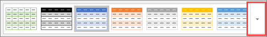 Captura de tela dos seis primeiros estilos de tabela e do botão Mais para ver todos os estilos de tabela.