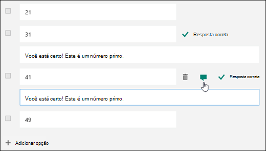 Uma pergunta de teste exibida com o texto da resposta correta ao lado de duas respostas corretas