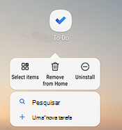 Captura de tela mostrando o menu de atalho do Android que lista as opções: selecionar itens, remover da página inicial, desinstalar, Pesquisar e Adicionar nova tarefa