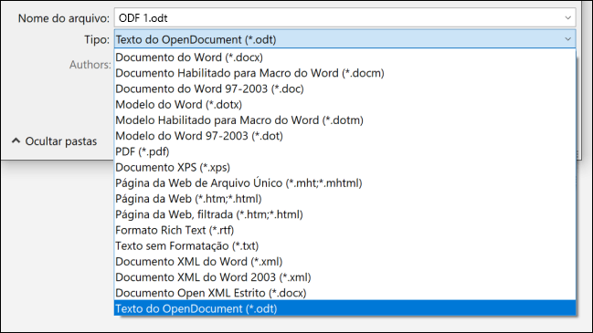 Lista de formatos de arquivo do Word com formato de arquivo ODT destacado