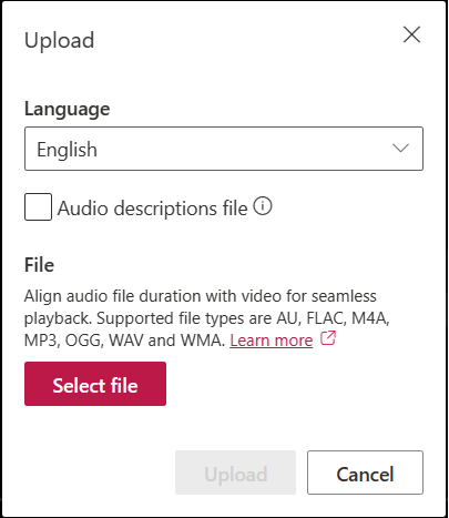 Caixa de diálogo upload de faixas de áudio