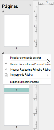 Uma captura de tela mostra uma seção selecionada com o cursor apontando para a opção Mesclar com Seção Anterior.