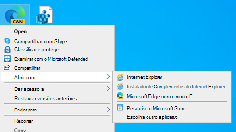 Quando você clica com o botão direito do mouse em um ícone de arquivo VSDX, o menu inclui uma opção de abertura de arquivo para "Microsoft Edge com Modo IE".