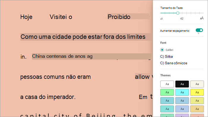 captura de tela do leitor imersivo no Progresso da Leitura. as opções são mostradas e incluem tamanho do texto, espaçamento e cor da tela de fundo