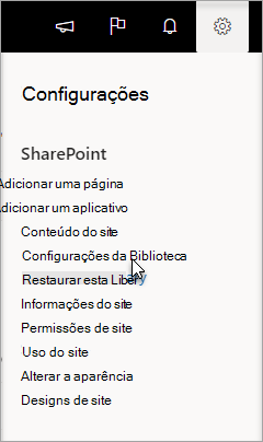 Configurações menu com Biblioteca Configurações selecionado
