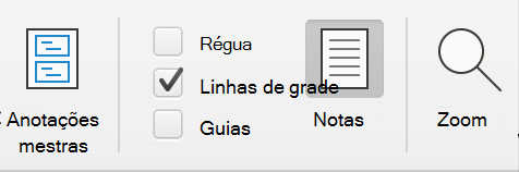 Captura de ecrã a mostrar a caixa de verificação Linhas de Grelha no separador Ver no Microsoft PowerPoint.