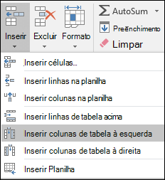 Para adicionar uma coluna de tabela da guia Home, clique na seta para Inserir > Inserir Colunas de Tabela à Esquerda.
