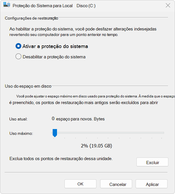 Captura de tela da Proteção do Sistema.