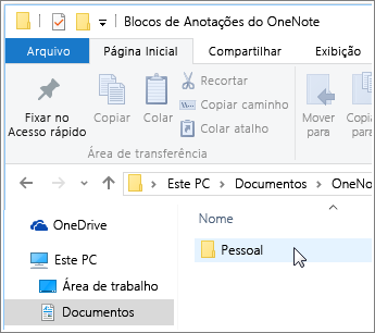 Captura de tela da pasta Documentos do Windows, com a pasta de bloco de anotações do OneNote visível.