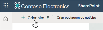 Captura de ecrã a mostrar o comando Criar site no SharePoint Online.