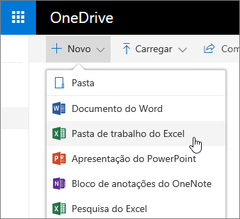 Menu Novo do OneDrive, comando de pasta de trabalho do Excel
