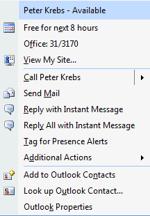 Menu de contatos do Lync no Outlook 2003