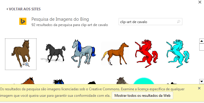 A pesquisa por "clip-art de cavalo" oferece uma variedade de imagens sob uma licença do Creative Commons.