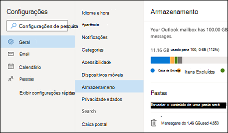 Menu de armazenamento de pastas para Outlook Web App.