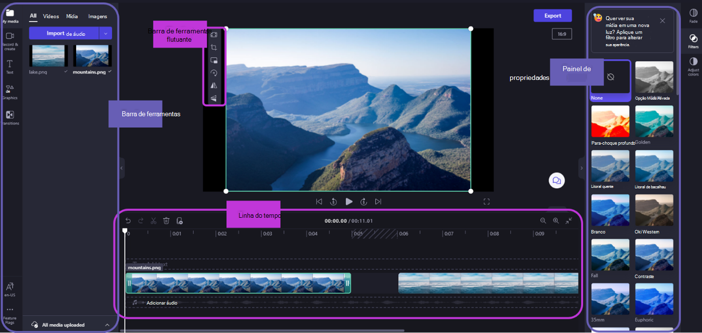 A interface do usuário do Clipchamp inclui múltiplas opções para fazer edições em seus videoclipes