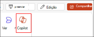 Captura de tela do botão Copilot no menu da faixa do PowerPoint