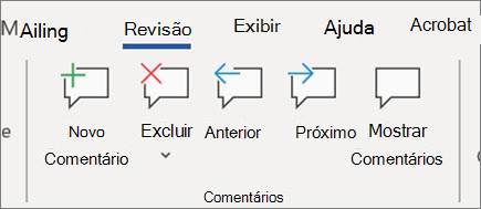 Faixa de opções de comentários no Word