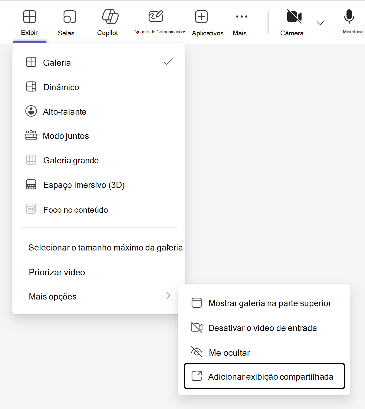 O comutador de vistas, indicado pelo botão "Ver" na barra de menus da reunião do Teams, contém uma opção para adicionar um modo de visualização partilhado no submenu "Mais Opções".