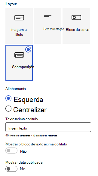 Captura de ecrã a mostrar o painel de personalização da área Título.