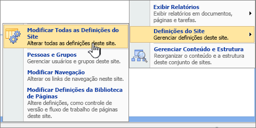 Opção modificar todas as configurações do site em configurações do site