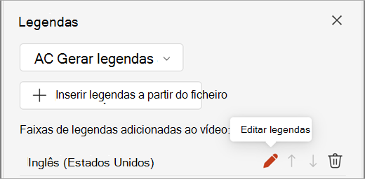 Botão Editar legendas para uma faixa de legendas no painel Legendas.