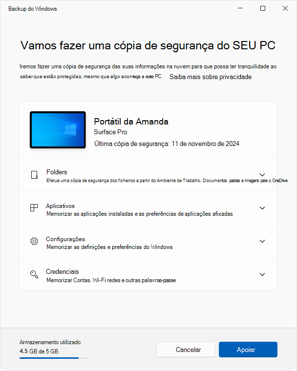 Captura de ecrã a mostrar Backup do Windows no Windows 10.