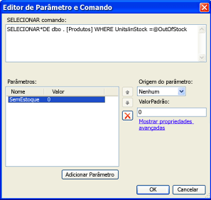 Editor de Comandos e Parâmetros com instrução de parâmetro SQL