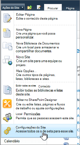 Configurações do site no menu ações do site