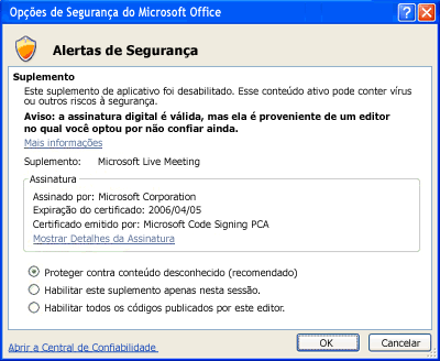 Caixa de diálogo de Opções de segurança do Microsoft Office
