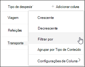SharePoint filtro de título de coluna por opção de menu