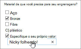 Pergunta de inquérito com especificar o seu próprio valor