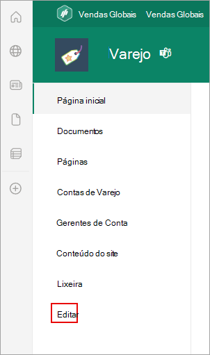 Captura de ecrã a mostrar a localização do comando Editar numa página do SharePoint.