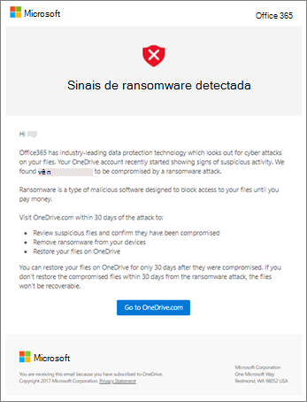 Captura de tela do email de Detecção de Ransomware da Microsoft