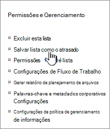 Seção Gerenciamento de permissão do menu configurações