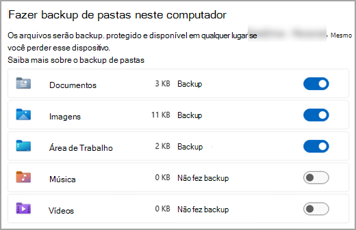 O menu de seleção de backup da pasta no Microsoft OneDrive.