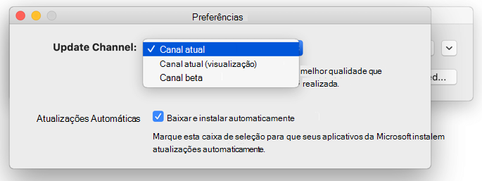 Imagem do Mac Microsoft AutoUpdate -> janela DE Preferências que mostra as opções do canal de atualização.