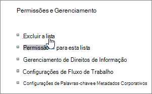 Caixa de diálogo De configurações de lista com Excluir essa lista realçada