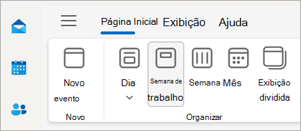 Captura de tela da faixa de opções no novo Outlook com seleções para alterar sua exibição de calendário