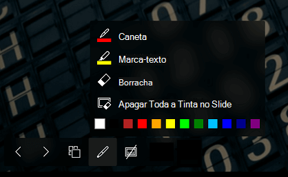 A barra de ferramentas de apresentação de slides, com o menu de tinta expandido