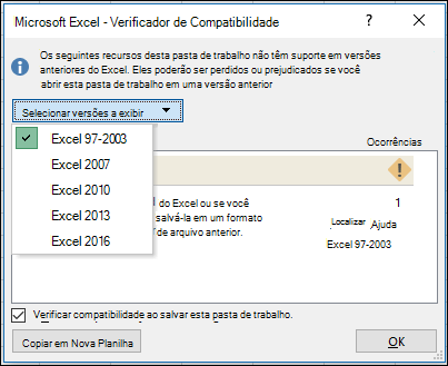 Caixa de diálogo Verificador de Compatibilidade do Excel