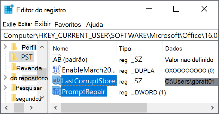 Configurações do registro a serem excluídas 
"LastCorruptStore"
"PromptRepair"=dword:00000001