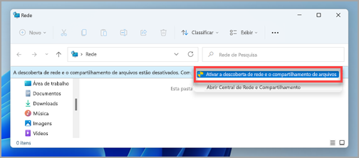 O prompt de Compartilhamento de Arquivos e Rede no painel Rede no Windows 11.